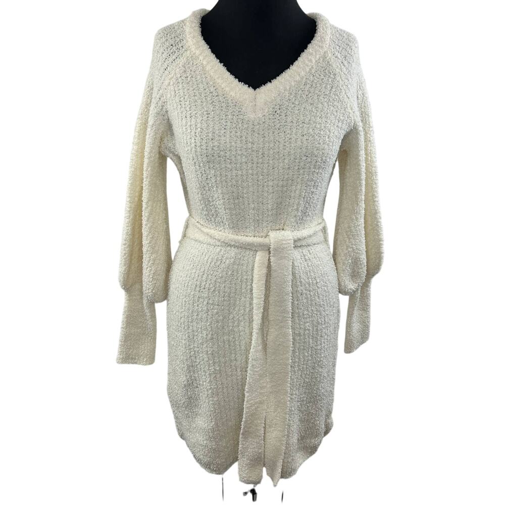 EMMA & POSH Off White Boucle Knit VNeck Balloon Sleeve Tie Waist Sweater Dress M